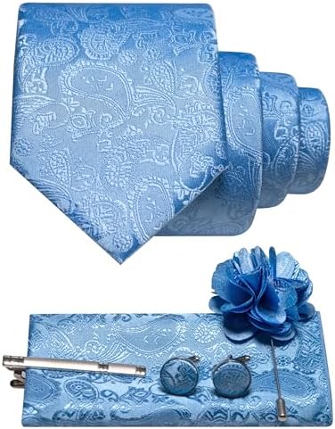 Sky blue paisley tie set with matching pocket square, cufflinks, tie clip and flower lapel pin 33