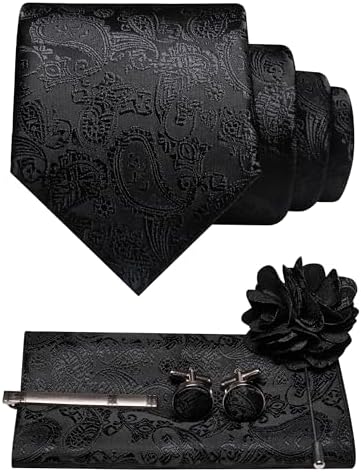 Black tone-on-tone paisley tie set with pocket square, cufflinks, tie clip and flower brooch 9