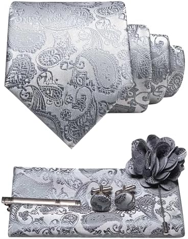 Light silver-gray paisley tie set with pocket square, cufflinks, tie clip and flower lapel pin 31