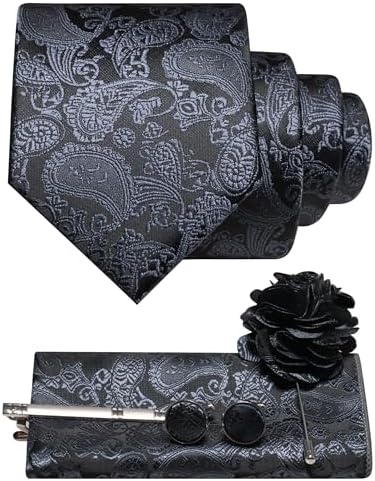 Gray and black paisley tie set with pocket square, cufflinks, tie clip and flower lapel pin 12