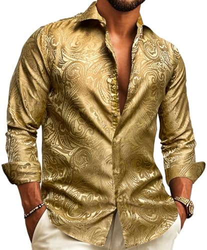 Model wearing the long-sleeve shirt in shimmering gold tone-on-tone paisley jacquard, collar open, hands in pockets.