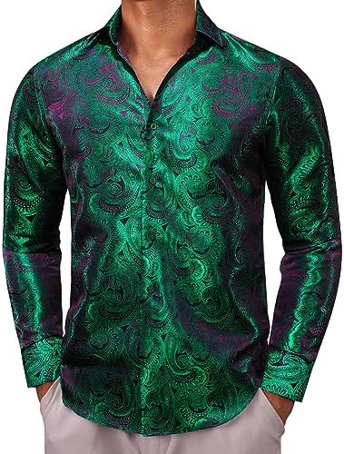 Green and purple paisley jacquard long-sleeve shirt worn by a model, cropped from the chin down, buttoned with a lustrous finish.