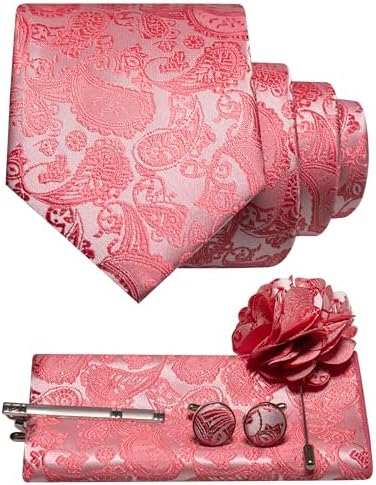 Coral pink paisley tie set arranged flat with pocket square, cufflinks, tie clip and flower brooch 3