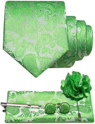 Lime green paisley tie set with pocket square, cufflinks, tie clip and flower brooch 17
