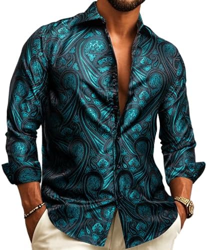 Model wearing the long-sleeve shirt in teal paisley jacquard on a dark base, collar open, hands in pockets.