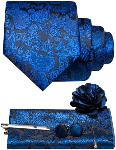 Blue and black paisley tie set with pocket square, cufflinks, tie clip and flower brooch 14