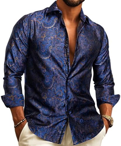 Model wearing the long-sleeve shirt in blue paisley jacquard with gold-toned accents, open collar and cream trousers.
