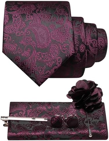 Plum and black paisley tie set with pocket square, cufflinks, tie clip and flower lapel pin 27