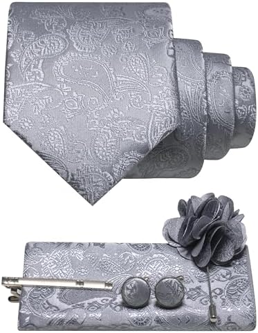 Medium gray paisley tie set with pocket square, cufflinks, tie clip and flower lapel pin 32