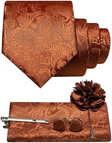 Copper brown paisley tie set with pocket square, cufflinks, tie clip and flower lapel pin 15