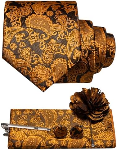 Orange and brown paisley tie set with pocket square, cufflinks, tie clip and flower brooch 11