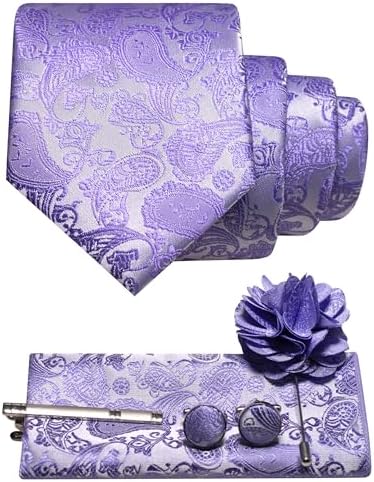 Lavender paisley tie rolled above a matching pocket square, cufflinks, tie clip and flower lapel pin 21