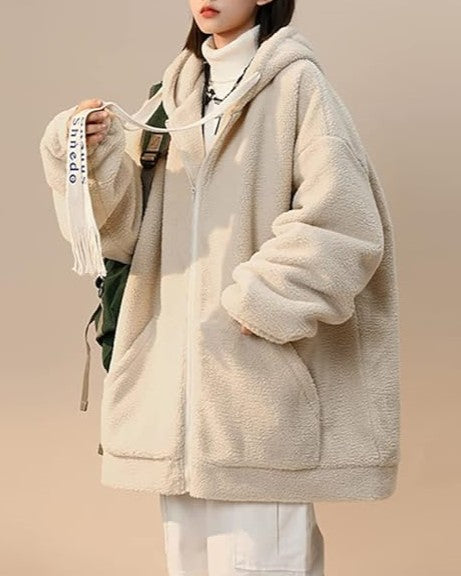 Damen Teddy-Fleecejacke, beige, mit Kapuze, lässig, warm, modisch, Winterbekleidung.