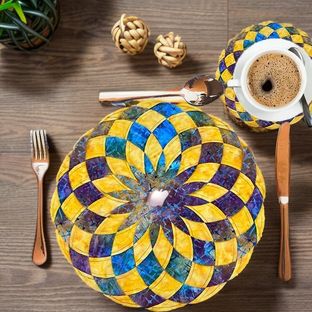 Top view of a round yellow, blue and purple placemat set with fork, spoon, knife and a coffee cup.