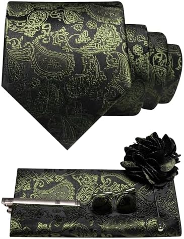 Olive green paisley on black tie set with pocket square, cufflinks, tie clip and flower pin 24