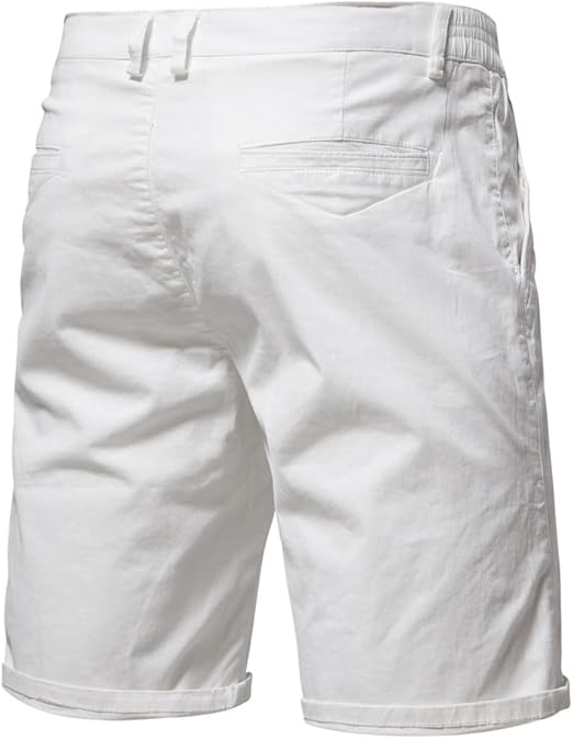 Back view of white shorts showing a welt back pocket, belt loops and an elastic waist 8
