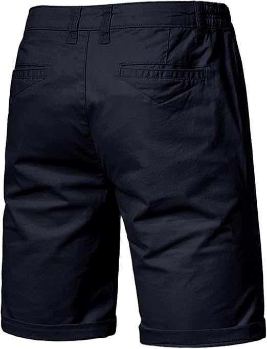 Back view of black shorts with two welt back pockets, belt loops and rolled cuffs 7