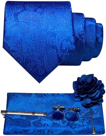 Royal blue paisley tie set with pocket square, cufflinks, tie clip and flower lapel pin 10