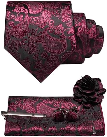 Burgundy and black paisley tie set with pocket square, cufflinks, tie clip and flower lapel pin 35