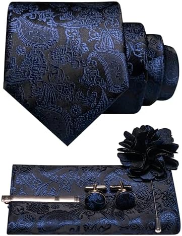 Navy blue paisley tie set on a dark ground with pocket square, cufflinks, clip and lapel flower 23