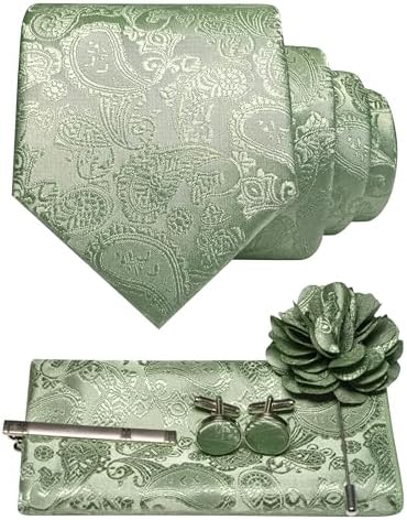 Sage green paisley tie set with pocket square, cufflinks, tie clip and flower lapel pin 30