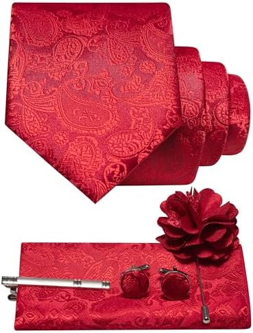 Bright red paisley tie set with pocket square, cufflinks, tie clip and flower lapel pin 13