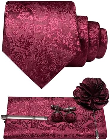 Burgundy paisley tie set laid flat with pocket square, cufflinks, tie clip and flower lapel pin 1