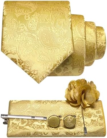 Golden yellow paisley tie set with pocket square, cufflinks, tie clip and flower lapel pin 5