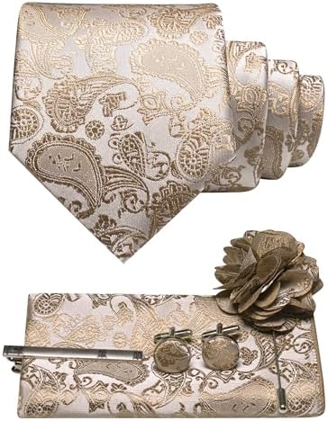 Champagne beige paisley tie set with pocket square, cufflinks, tie clip and flower brooch 20