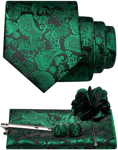 Green and black paisley tie set with pocket square, cufflinks, tie clip and flower lapel pin 18