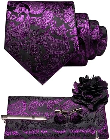 Purple and black paisley tie set with pocket square, cufflinks, tie clip and flower lapel pin 28