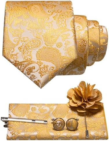 Light gold paisley tie set with pocket square, cufflinks, tie clip and flower lapel pin 16
