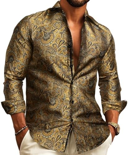 Model wearing the long-sleeve shirt in golden-brown paisley jacquard with dark detailing, open collar, cream trousers.