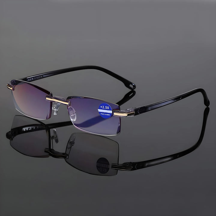 Black-armed rimless reading glasses with blue-violet lenses on a glossy gray surface.