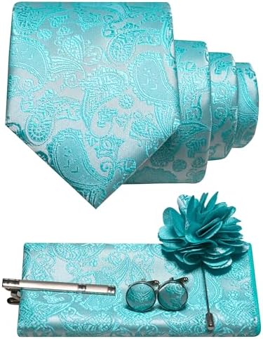 Aqua paisley tie set with matching pocket square, cufflinks, tie clip and flower lapel pin 34