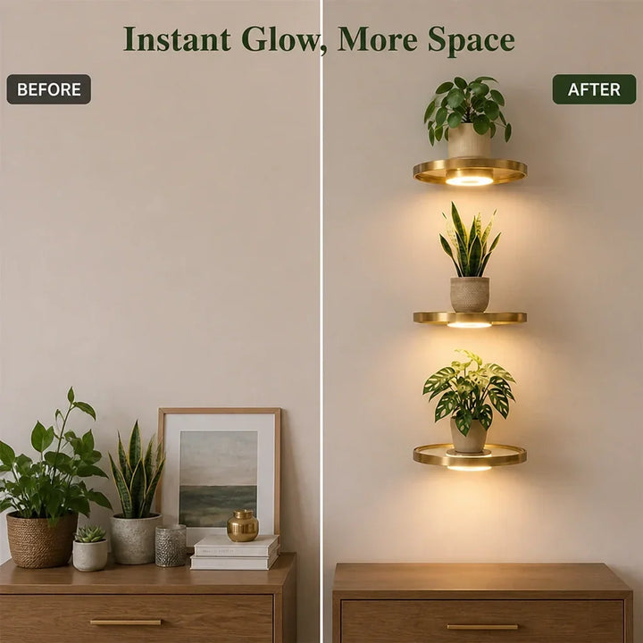 Before and after comparison of a wall above a dresser, with three glowing gold plant shelves added 4