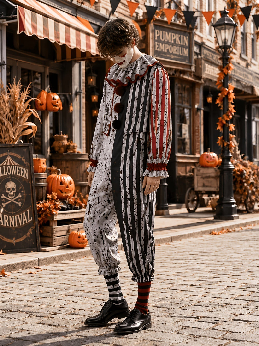 Three-quarter side view of the clown jumpsuit worn by a model with head bowed, showing red-striped sleeve, ruffled cuffs and gathered ankle hems. 2