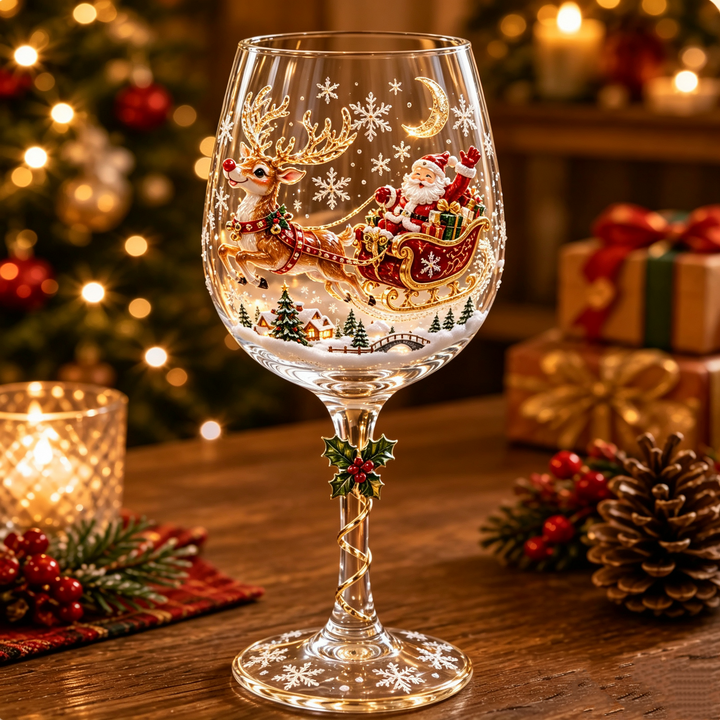 Wine glass decorated with a 3D reindeer pulling Santa's sleigh over a snowy village, with a holly charm on the stem. 3