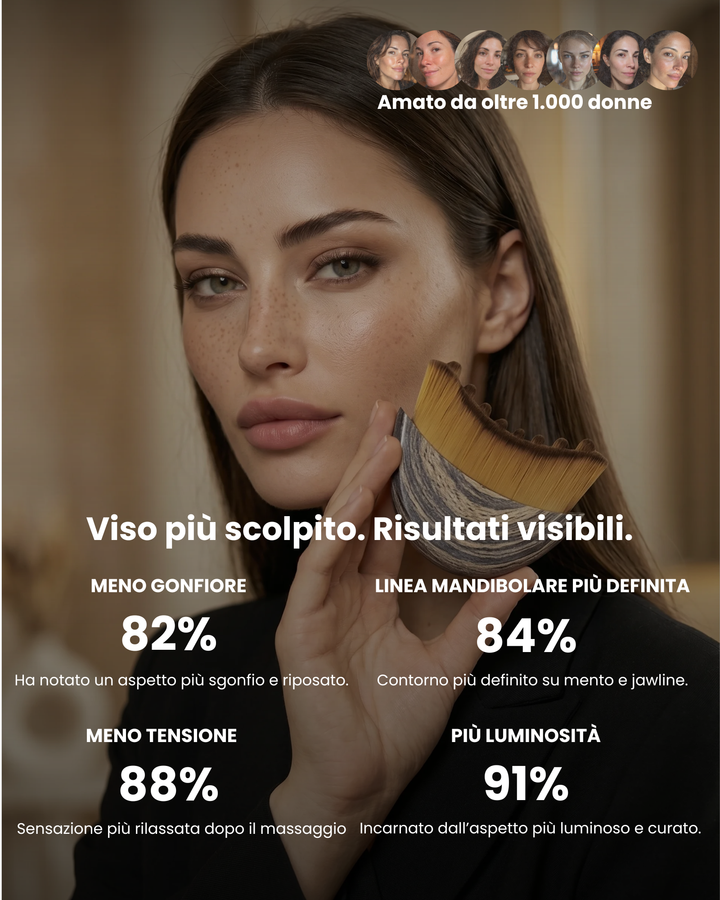 Woman with freckles holds the curved bristle brush against her jaw, with percentage-style result statistics overlaid on the photo. 2