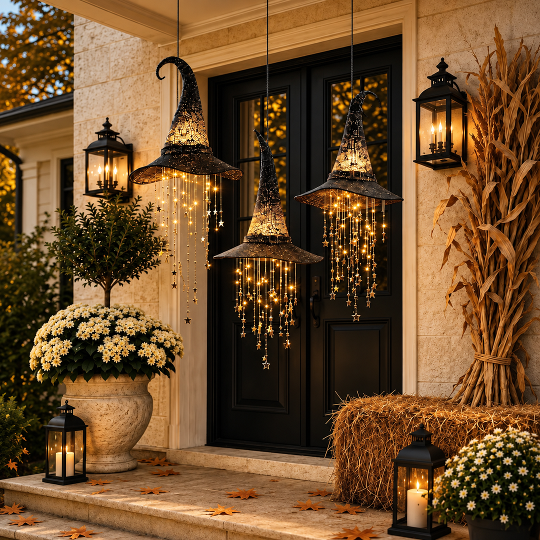 Three lit witch hats hang by a black double door with mums, hay bales and corn stalks 5