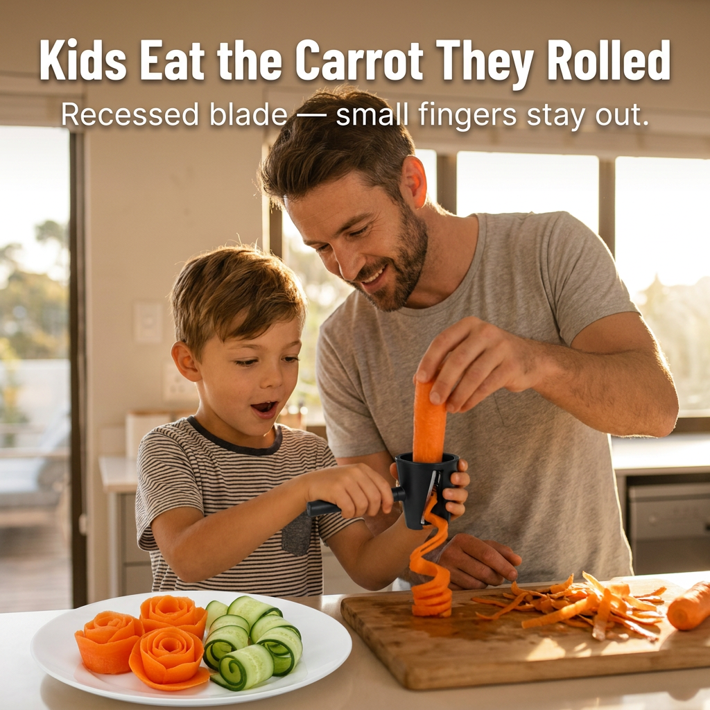 Another view of a father and young son using the black vegetable rose maker tool to make carrot spirals.