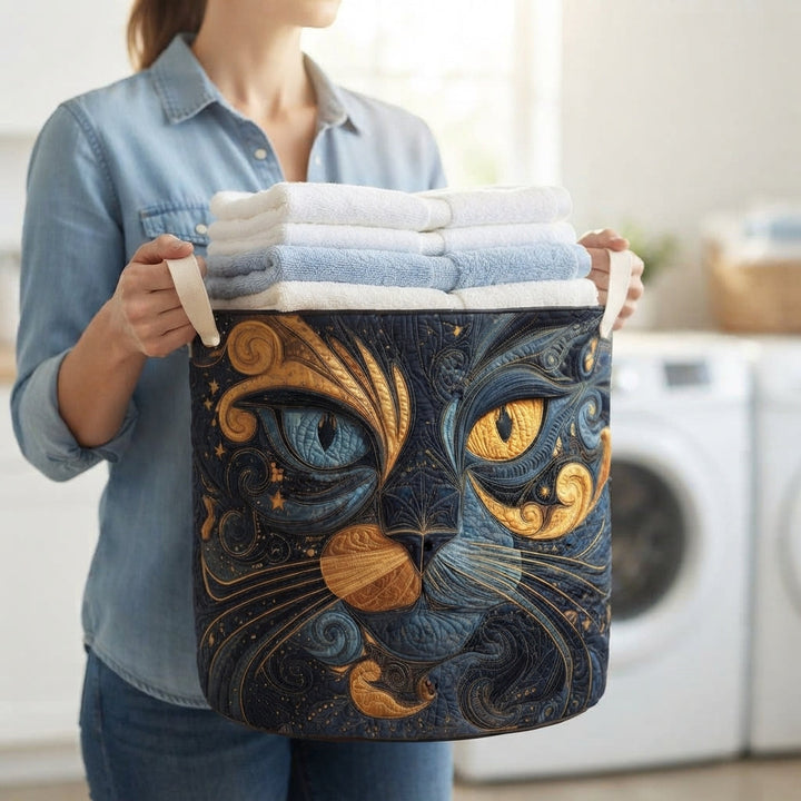 Padded Galaxy Cat Laundry Basket with Handles another view being carried by its cream handles