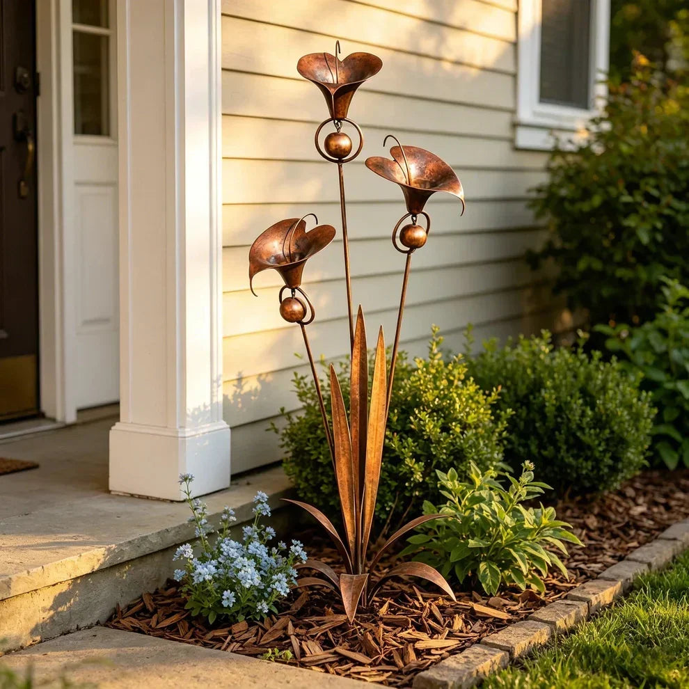 Copper three-bloom stake in a mulched flower bed beside porch steps, with small blue flowers and green shrubs close by. 6