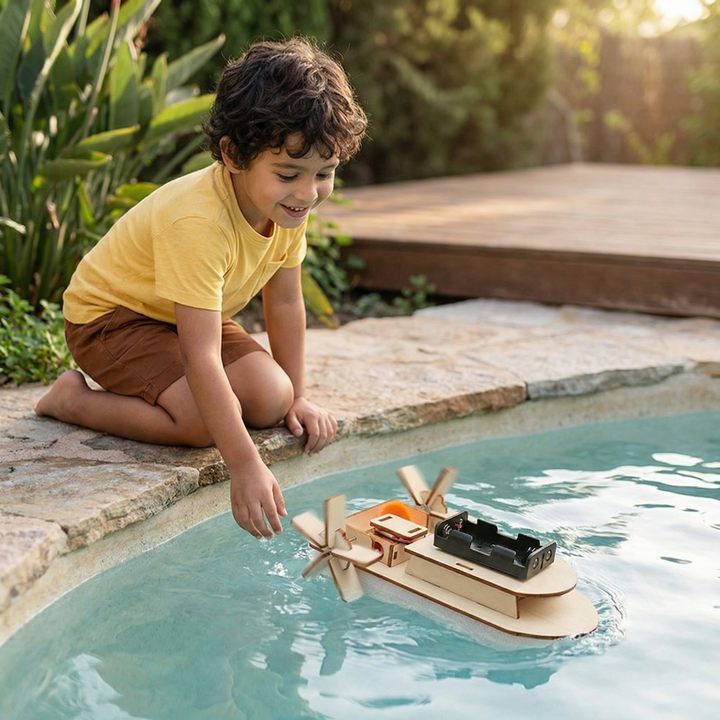 Wooden paddle boat model with black battery holder floating on water, another view
