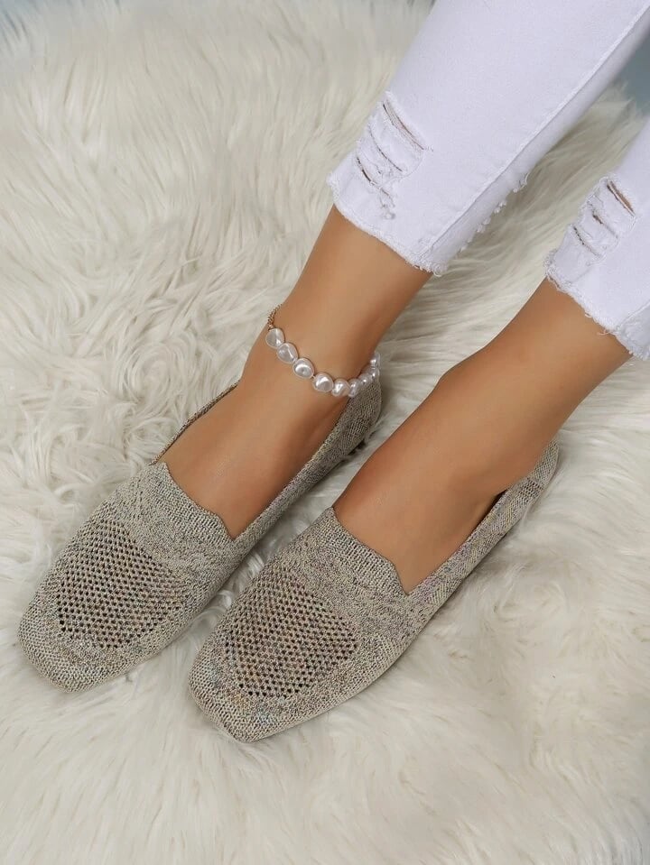 Taupe knit slip-on flats with open mesh toes, another view.