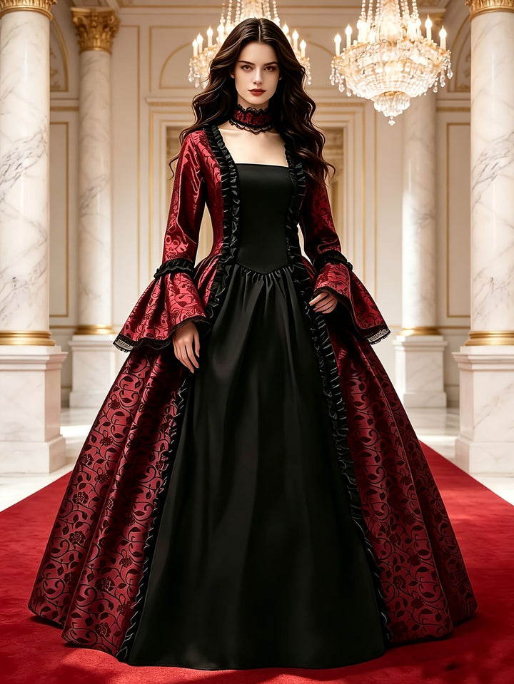 Women's gothic vampire costume dress in black and blue with flared sleeves, another view.