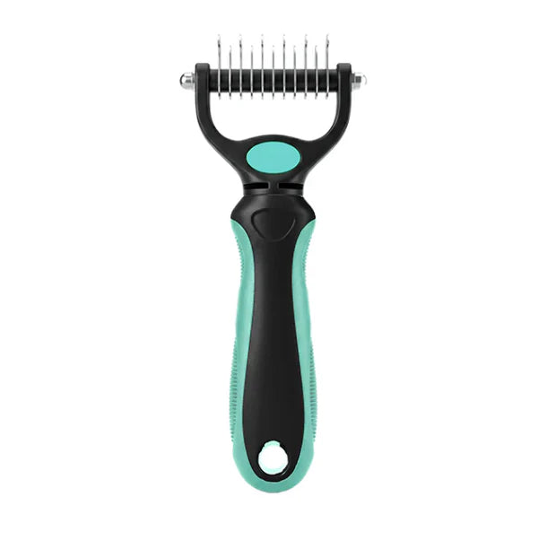 Teal and black grooming rake seen from the front on a white background 16