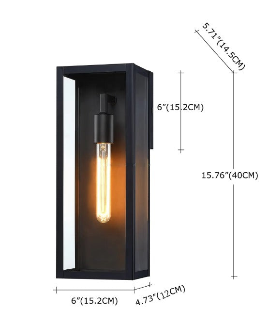 Dimension diagram of the black outdoor wall lantern showing height, width, depth, and bulb placement measurements.