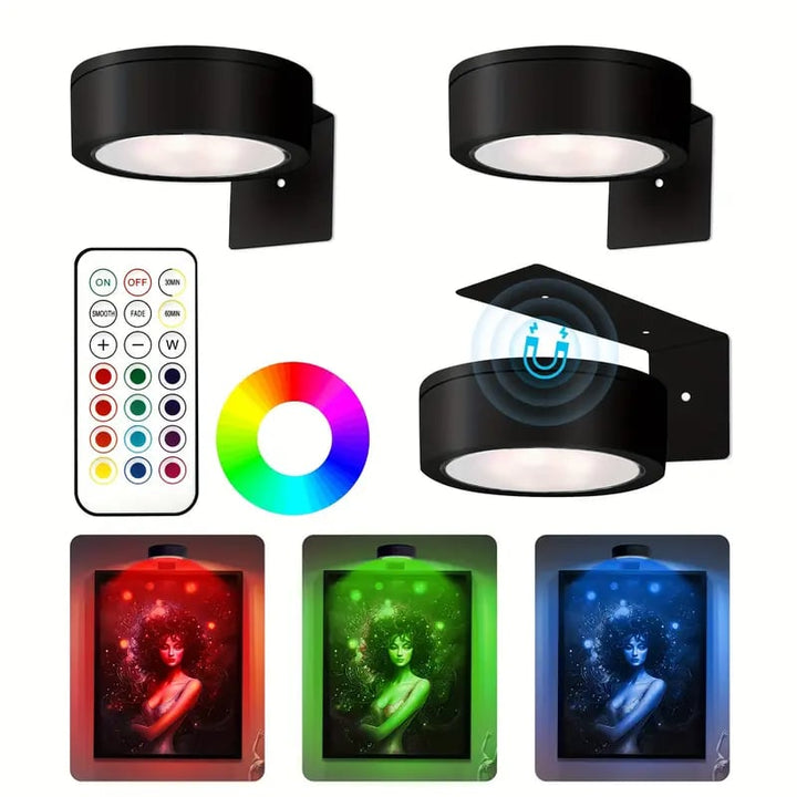 Three black round LED lights with L-shaped brackets, a remote control, color wheel, and framed artwork shown lit in red, green and blue. 2