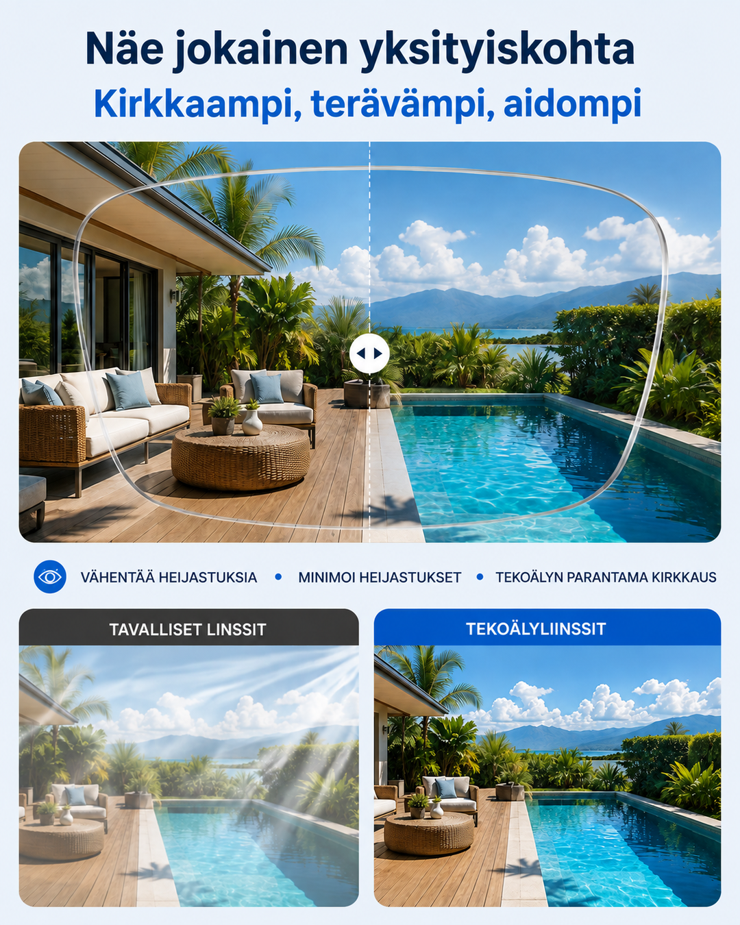 Split-screen outdoor patio and pool scene comparing glare on regular lenses with a clearer, sharper image from the camera lens. 5